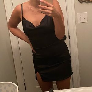 Black silk satin slip cowl neck mini dress